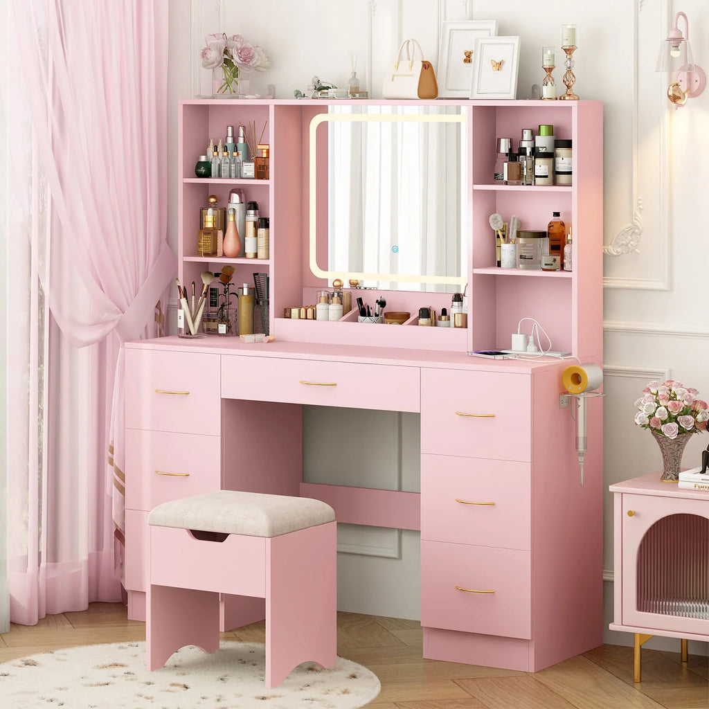 47" Large Vanity Desk with LED Lighted Mirror & Power Outlet & 7 Drawers, Makeup Vanity Table Set with Storage Stool and Hair Dryer Rack, Pink