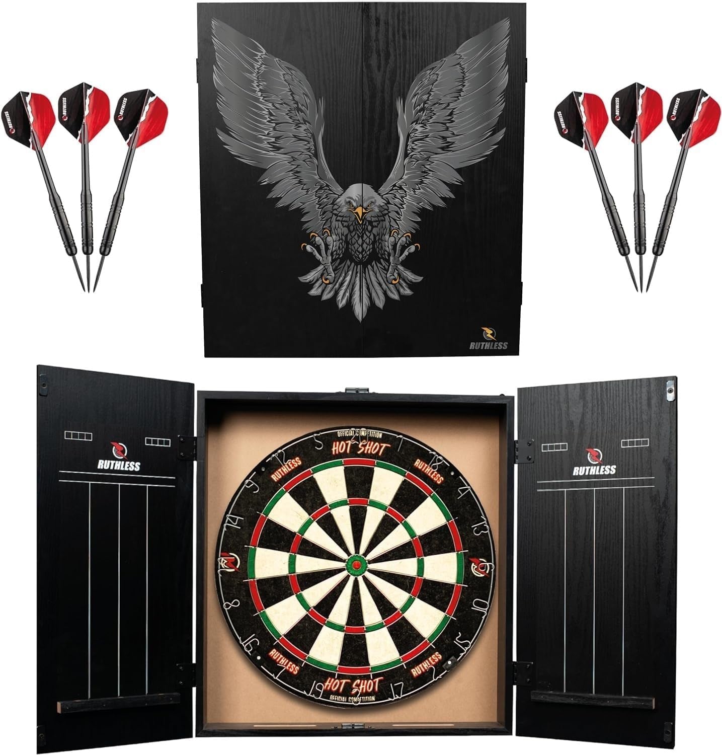Home Darts Centre with or without LED Light Options | Home Dart Board Centre Including Cabinet, Dartboard and 2 Sets of Darts.