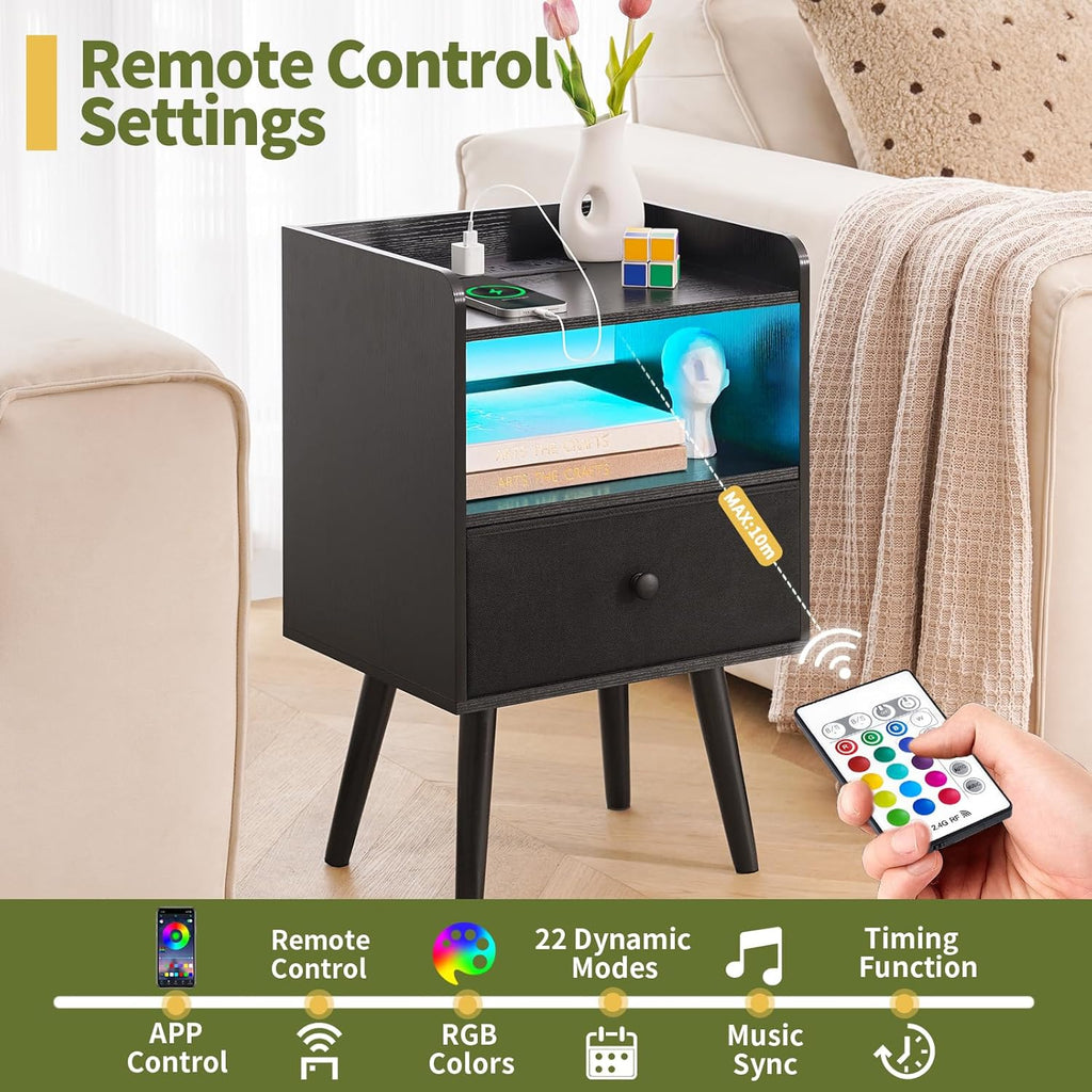 Nightstand with Charging Station, Modern Night Stand with LED Lights, Wood Night