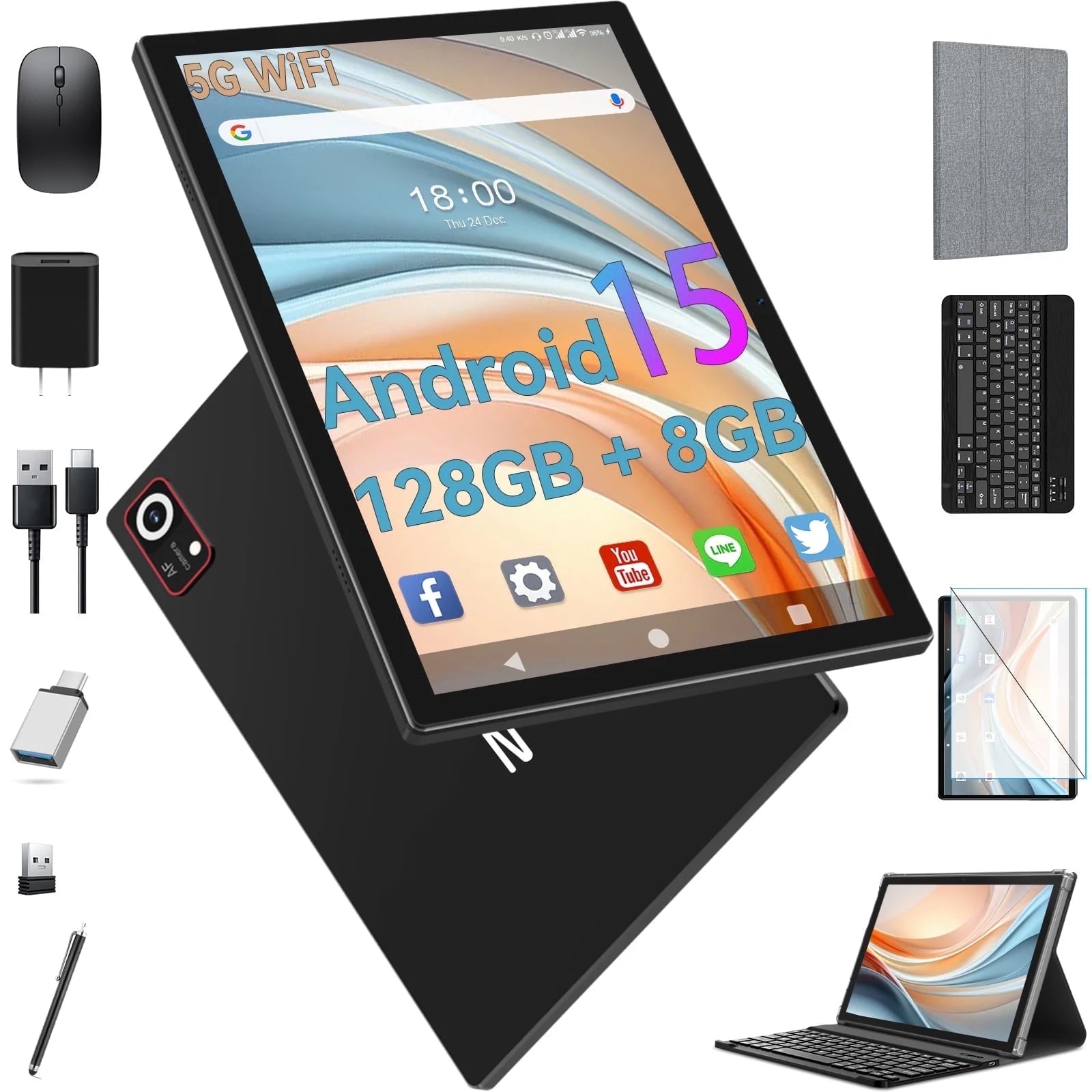 Android 15 Tablet,10 Inch Android Tablet,128Gb+8Gb+1Tb Expand,5G Wifi,Octa-Core,Unisoc T606 Cpu,7000Mah,Bluetooth 5.0,GPS,13MP+8MP Dual Camera,Face Unclock,Hd Display,Touchscreen,Tablet with Keyboard