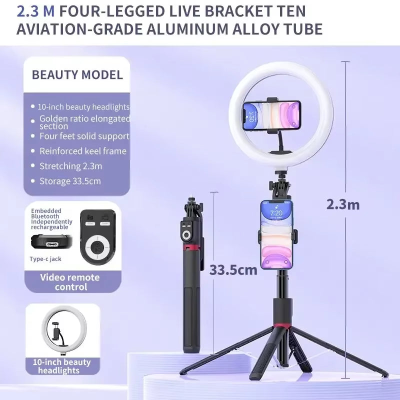 Bluetooth Selfie Stick 2.2M Tripod Camera Stick with Remote Control for Livestream Selfie Photography with Fill Light