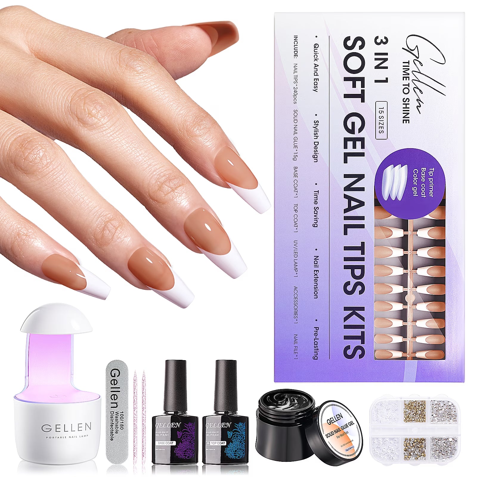 French Tips Gel Nail Kit - 240 Pcs Brown Medium Coffin, Salon Acrylic Fake Nail Kits Including Gel Top Coat and Base Coat, UV Lamp, Solid Nail Glue Gel, Nail Charms for French Tip Manicure