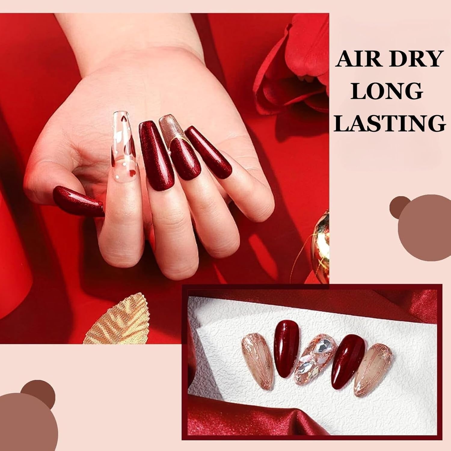 Shimmer Nail Polish Red - Dark Burgundy Red Nail Polish Quick Dry - Glitter Nail Varnish Long Lasting - Natural Nail Lacquer Glossy - Sparkle Nail Gel for Nail Art DIY