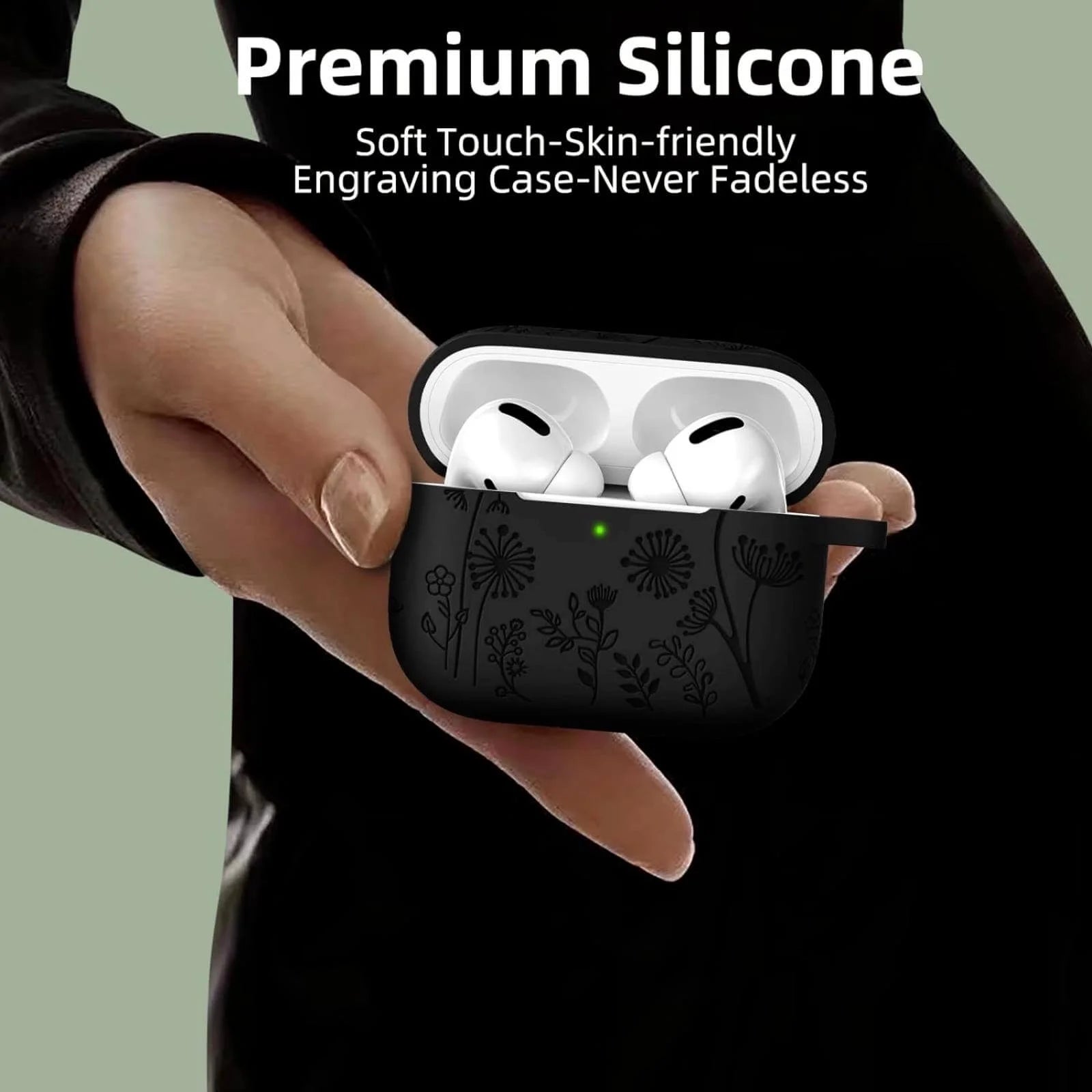 for Airpods Pro 2 Case, Flower Engraved Silicone Protective Case for Apple Airpod Pro 2Nd/1St Generation Case with Keychain for Women Men, Black