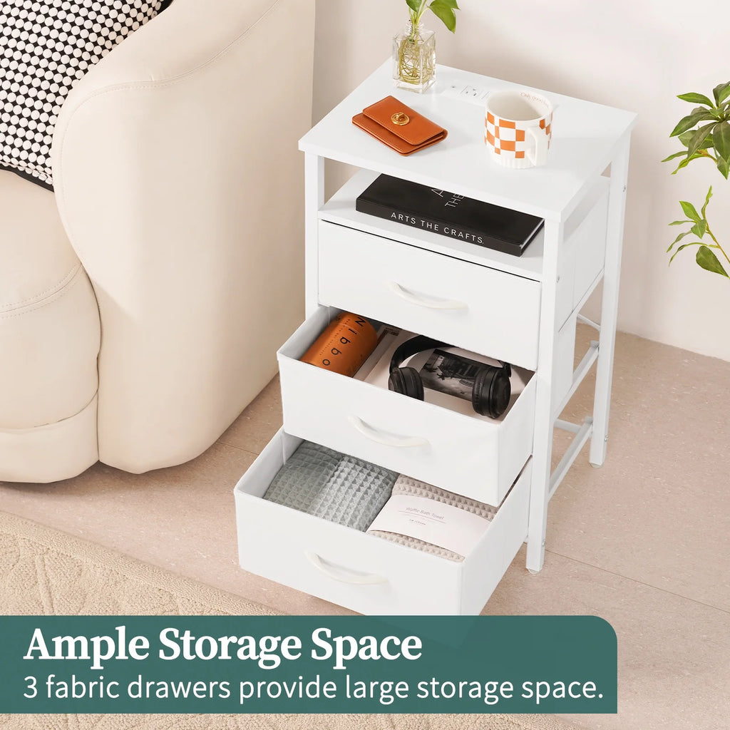 Night Stand with Charging Station, Nightstand with USB Ports & Outlets & LED, End Table with 3 Fabric Drawers and Storage Shelf, Bedside Tables Small Dresser for Small Space White