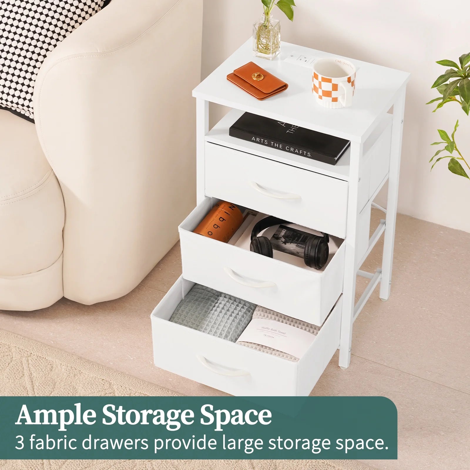 Night Stand with Charging Station, Nightstand with USB Ports & Outlets & LED, End Table with 3 Fabric Drawers and Storage Shelf, Bedside Tables Small Dresser for Small Space White