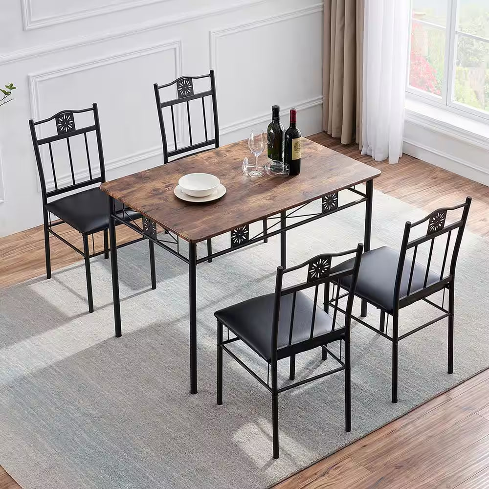 5-Piece Dining Table Set Wooden Kitchen Table 1 Table 4 Chairs Metal Legs, Rectangular Dining Table Sets，42.1"L, Brown