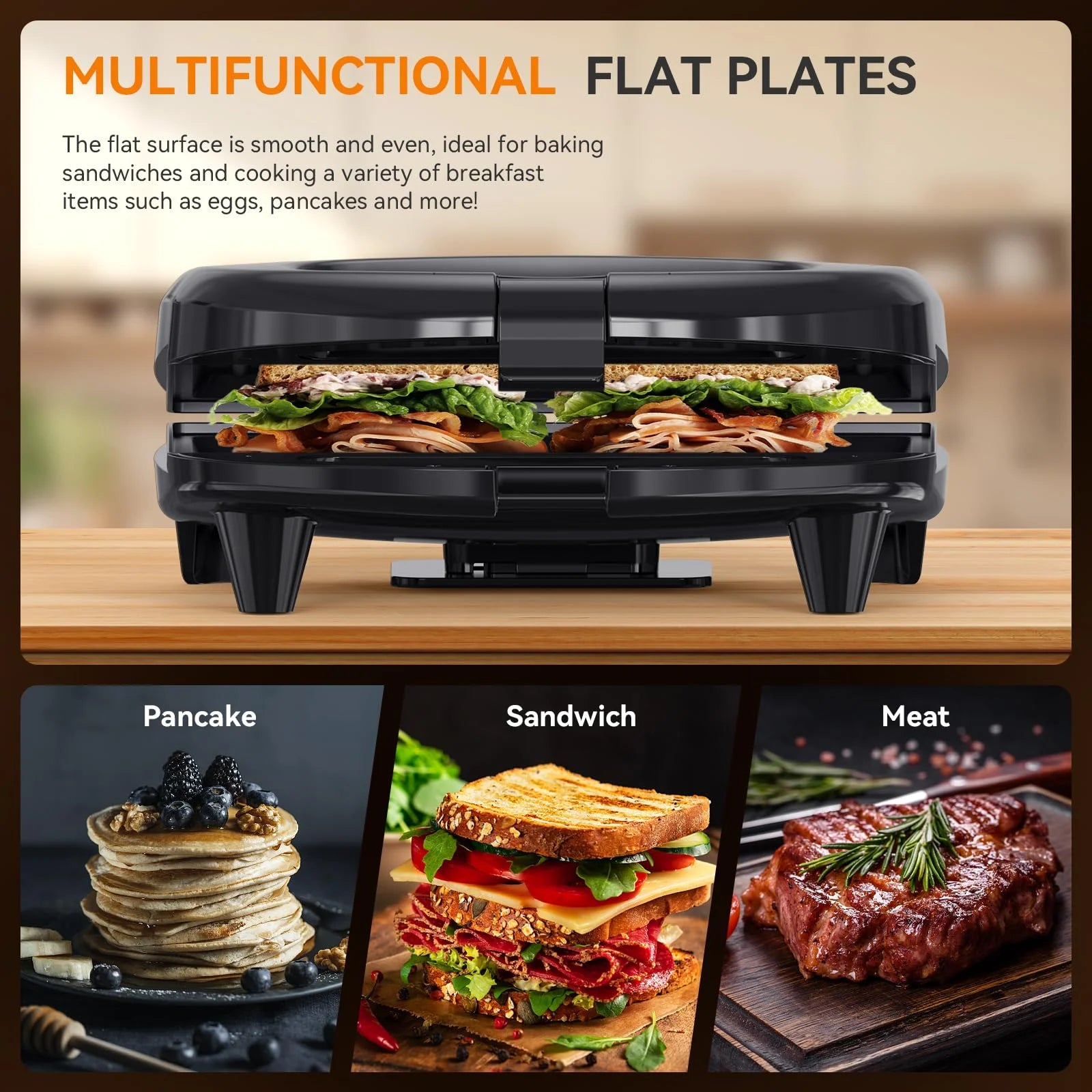 Electric Sandwich Maker, 750W Panini Sandwich Maker, with Non-Stick Flat Plates LED Indicator Lights, Thermostat Control, Cool Touch Handle, Compact Sandwich Maker Perfect for Cooking Breakfast