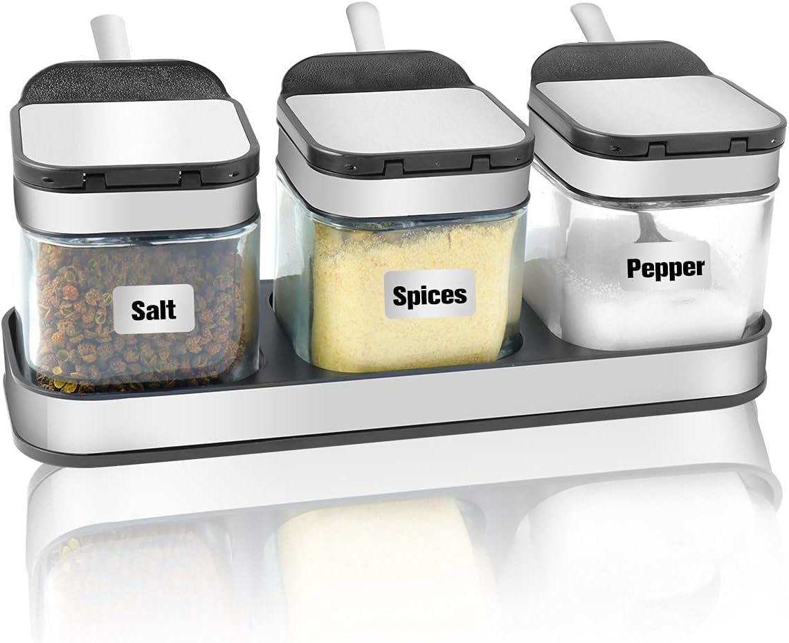 Condiment Seal Jar Spice Container with Lids and Spoons，Clear Glass Condiment Canisters Pots Seasoning Box Salt Container Sugar Bowl Set of .Used in Kitchen, Coffee Table,Set of 3