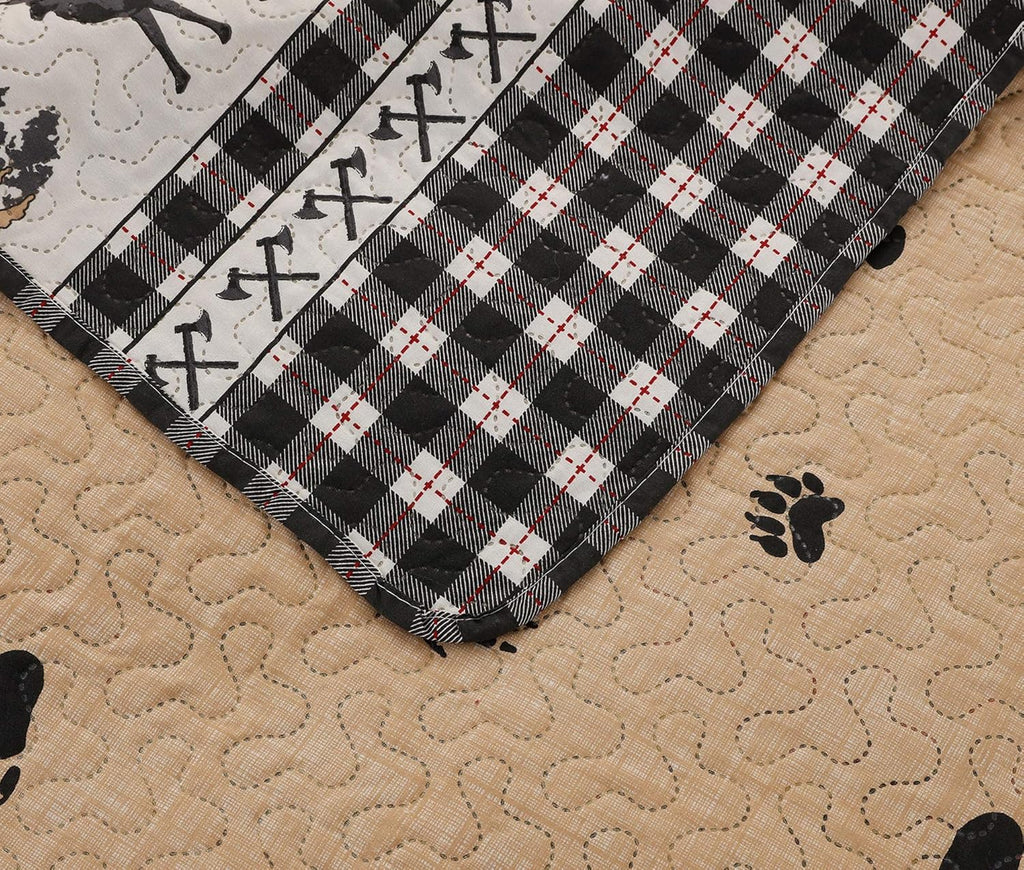 Rustic Quilt Bedding Set King Size Bedspread Coverlet Country Quilts Lodge Cabin Bedding Black White Buffalo Plaid Quilts Forest Elk Moose Lightweight Reversible Quilt Bed Spread with 2 Pillow Shams