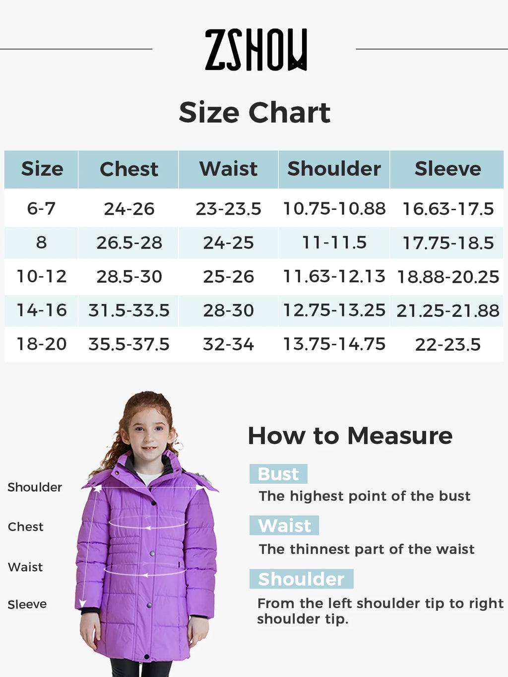 Girls' Winter Jacket Waterproof Winter Coat Insulated Puffer Jacket Purple 10/12