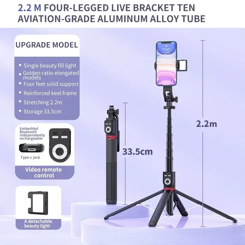 Bluetooth Selfie Stick 2.2M Tripod Camera Stick with Remote Control for Livestream Selfie Photography with Fill Light