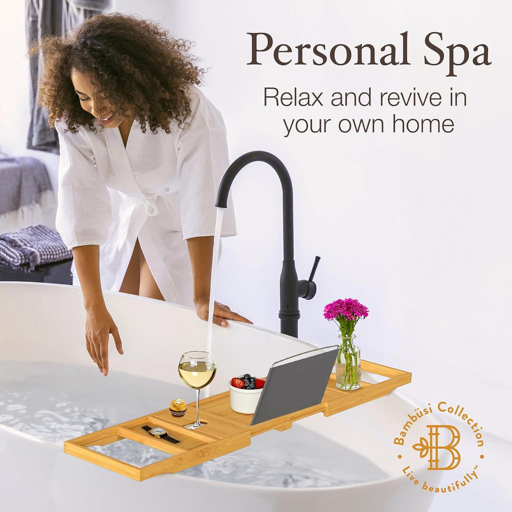 Bathtub Tray - Expandable Bamboo Bath Tray for Tub with Wine Glass Holder, Book & Tablet Stand - Wooden Bathtub Caddy Tray Table for Bathroom Accessories, Spa Relaxation, Housewarming & Wedding Gift