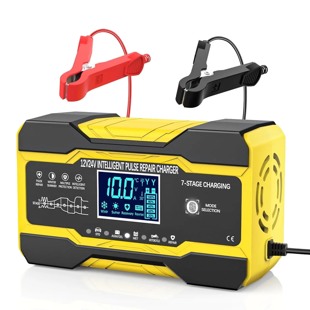Battery Charger 10-Amp 12V and 24V Fully-Automatic Smart Car Battery Charger, Battery Maintainer Trickle Charger, Battery Charger with Temperature Compensation for Truck Motorcycle Lawn Mower Boat