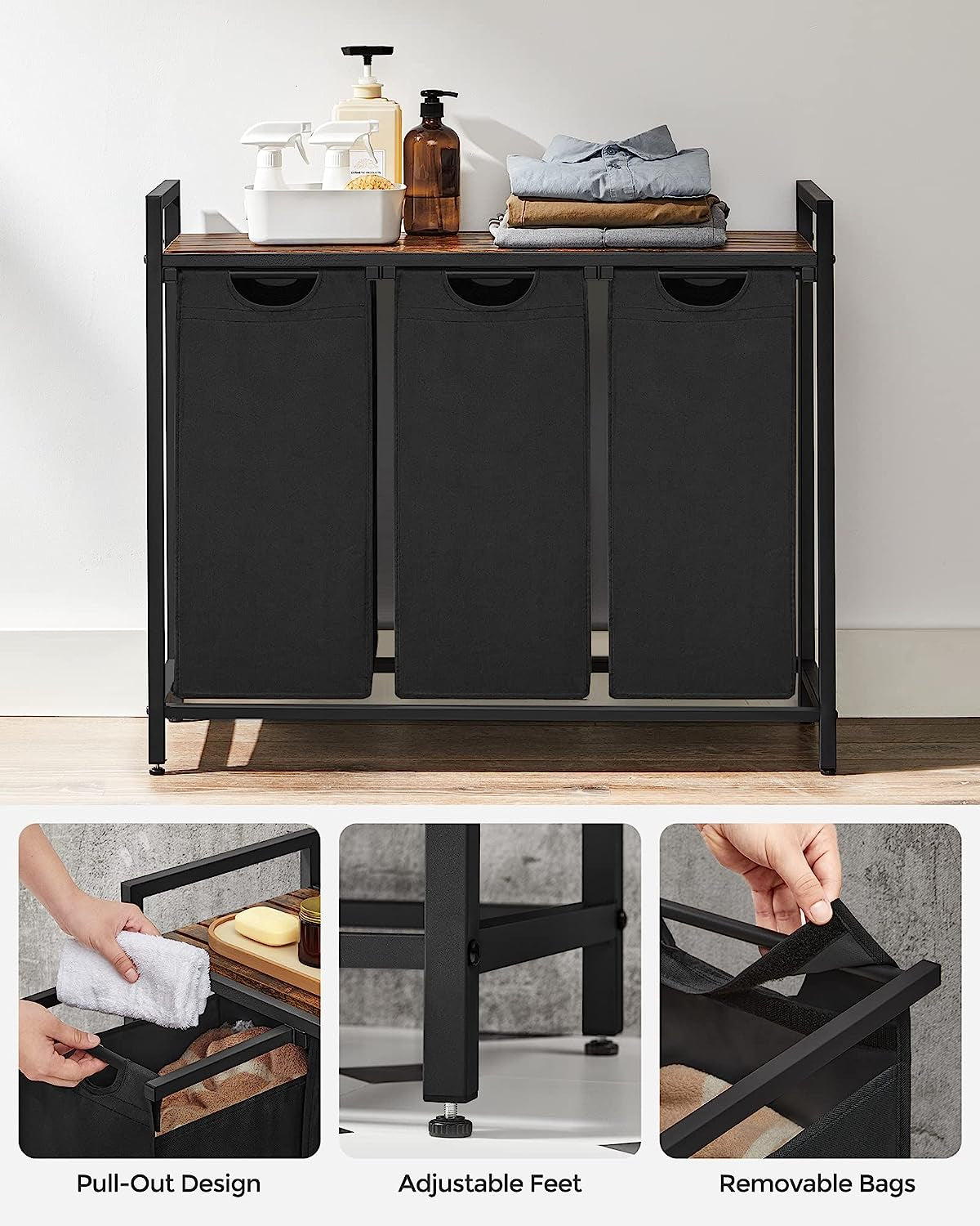 Laundry Hamper, Laundry Basket, Laundry Sorter with 3 Pull-Out and Removable Bags, Shelf, Metal Frame, 3 X 10.6 Gallons (40 L), 36.4 X 13 X 28.4 Inches, Ink Black and Rustic Brown UBLH301B01