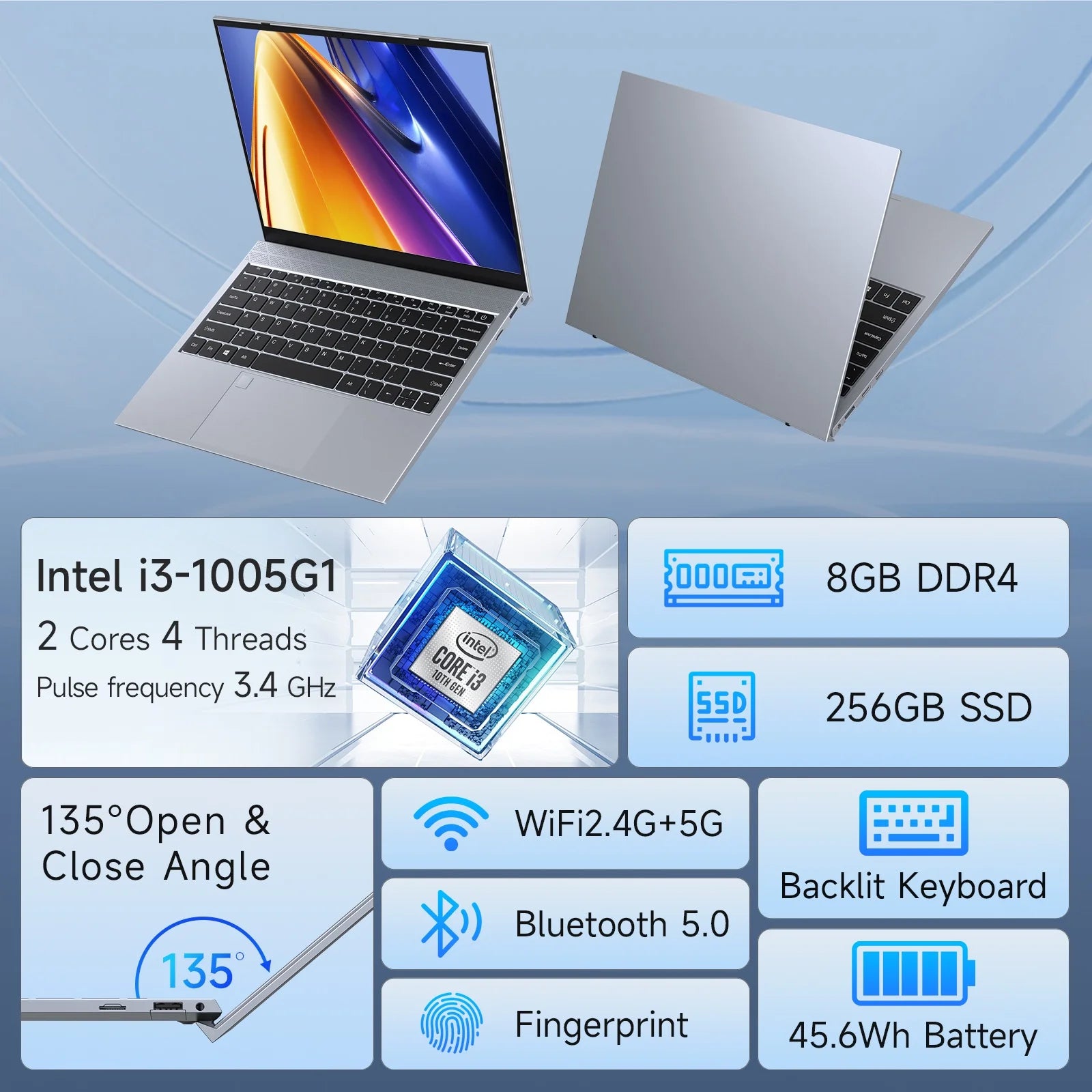 13.5" Windows 11 Pro Business Laptop, 8GB RAM 256GB SSD, Intel Core I3 1005G1, up to 3.4Ghz, 16:10 2.5K UHD Display Fingerprint Backlit Keyboard Wifi5 BT 5.0 for Student, Beginner, Gray