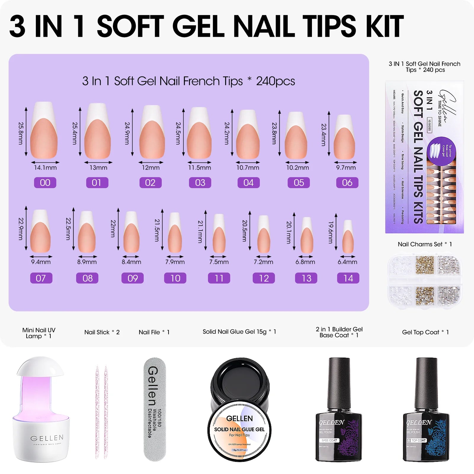 French Tips Gel Nail Kit - 240 Pcs Brown Medium Coffin, Salon Acrylic Fake Nail Kits Including Gel Top Coat and Base Coat, UV Lamp, Solid Nail Glue Gel, Nail Charms for French Tip Manicure