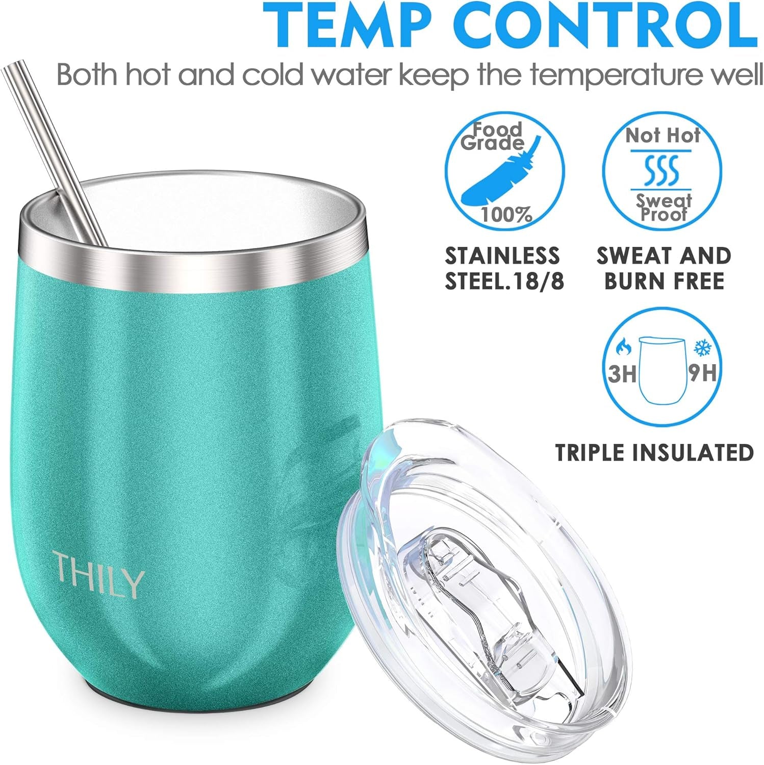 Stainless Steel Stemless Wine Glasses 4 Pack Vacuum Insulated Cute Travel Wine Tumbler Set with Splash-Proof Lids, Reusable Straws, Keep Cold & Hot for Wine, Coffee, Teal