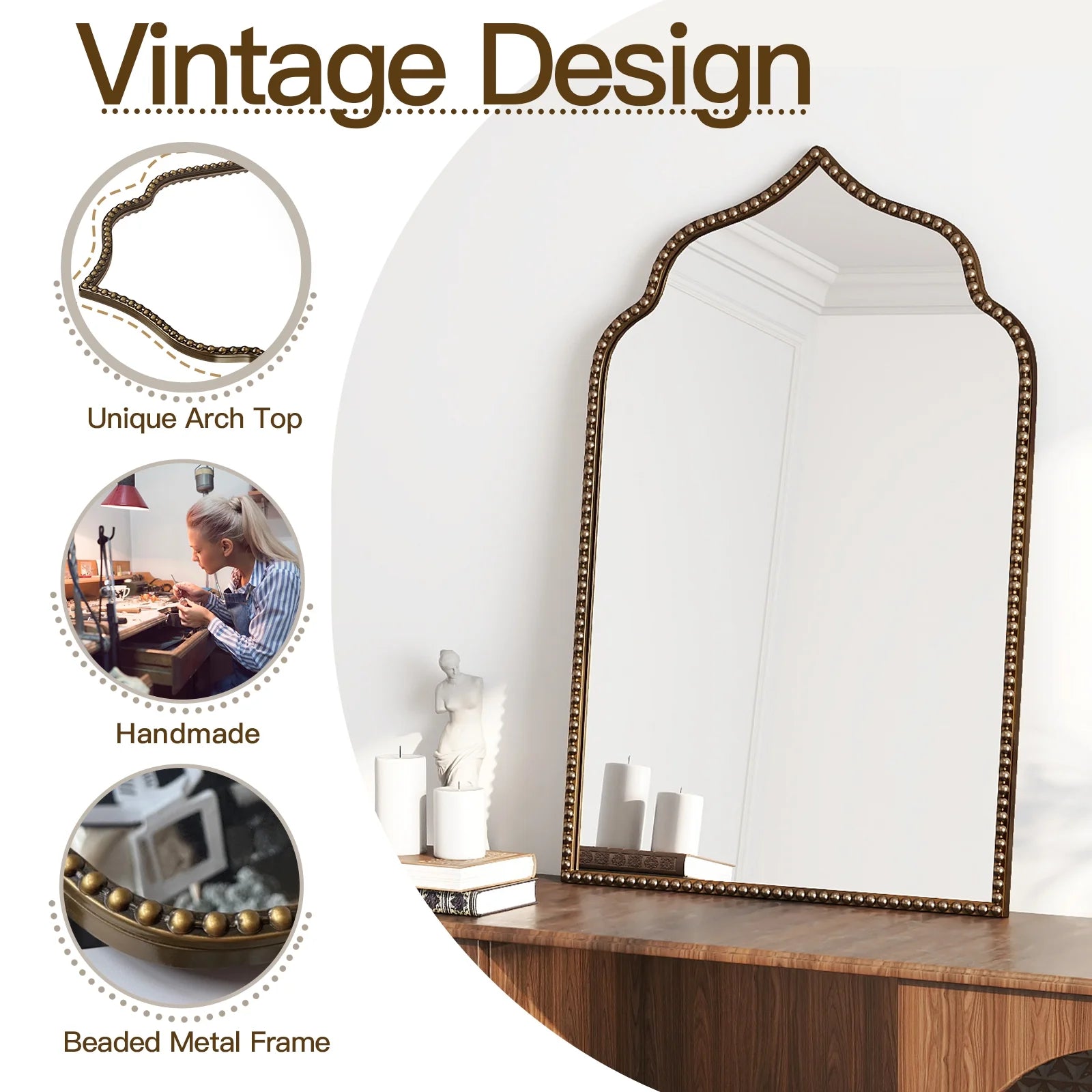 Arched Mirror for Wall, 20" X 30" Vintage Gold Mirror, Wall Mirror for Living Room, Bathroom, Bedroom, Entryway, Antique Bronze Mirror