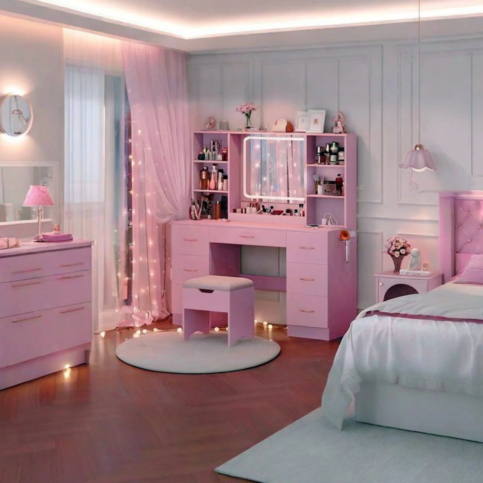 47" Large Vanity Desk with LED Lighted Mirror & Power Outlet & 7 Drawers, Makeup Vanity Table Set with Storage Stool and Hair Dryer Rack, Pink