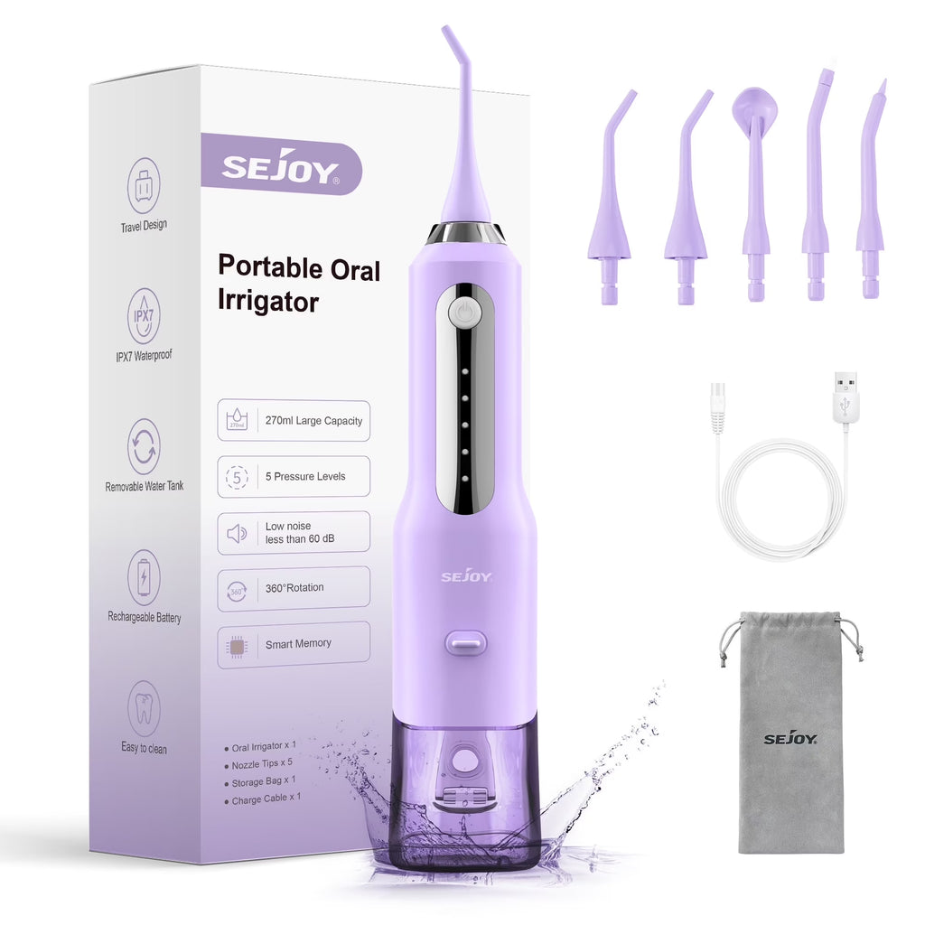 Cordless Water Flosser Dental Teeth Cleaner, Professional 270ML Tank USB Rechargeable Dental Oral Irrigator for Home and Travel, 5 Modes 5 Jet Tips, IPX7 Waterproof, Easy-To-Clean,Purple