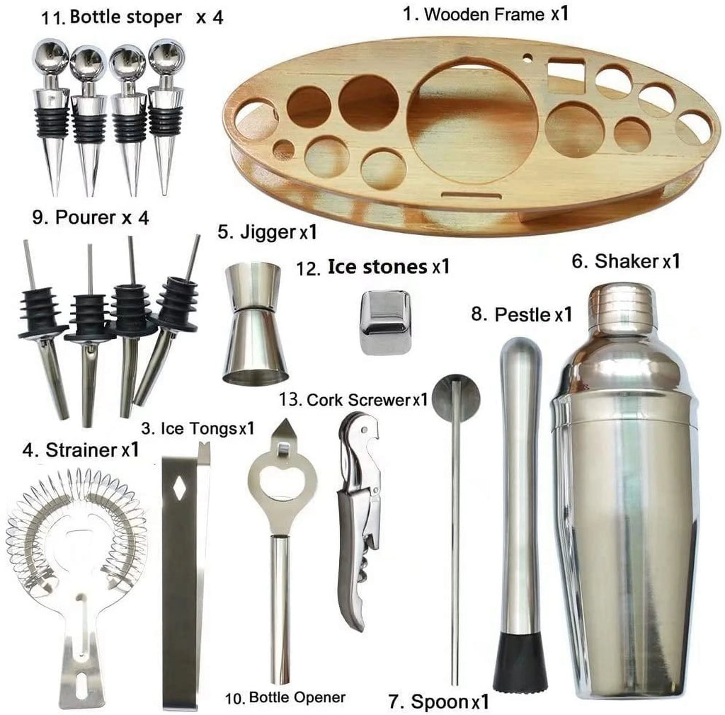 Cocktail Shaker Set with Stand, 24 Pcs 750Ml Stainless Steel Cocktail Bartender Kit with Stand,Perfect Home Bartending Kit and Martini Cocktail Shaker Set for an Awesome Drink Mixing