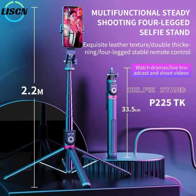 Bluetooth Selfie Stick 2.2M Tripod Camera Stick with Remote Control for Livestream Selfie Photography with Fill Light