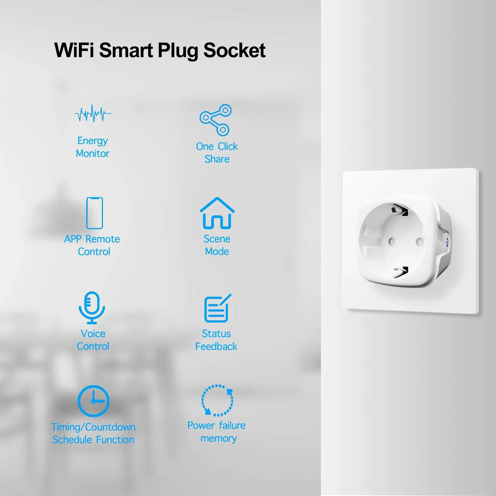 Tuya 16A 20A EU Smart Socket Wifi Smart Plug with Power Monitoring Timing Function Voice Control Alexa Google Assitant