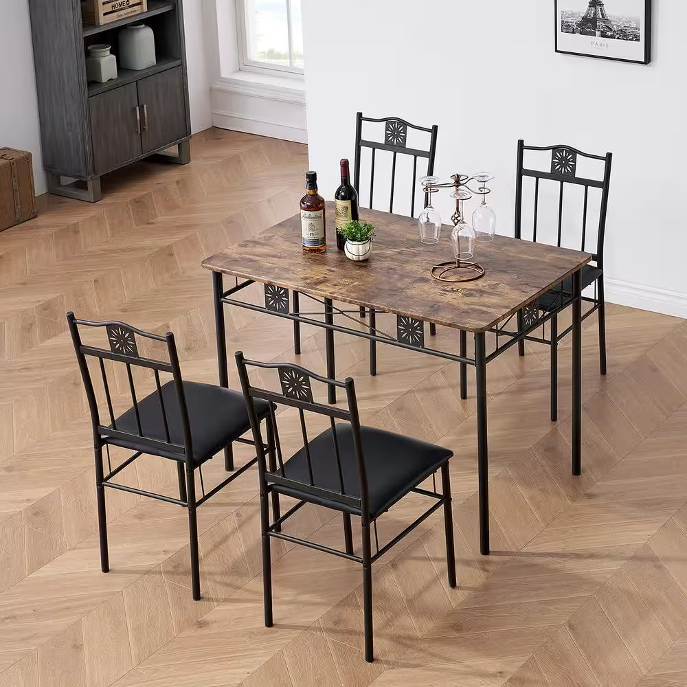 5-Piece Dining Table Set Wooden Kitchen Table 1 Table 4 Chairs Metal Legs, Rectangular Dining Table Sets，42.1"L, Brown