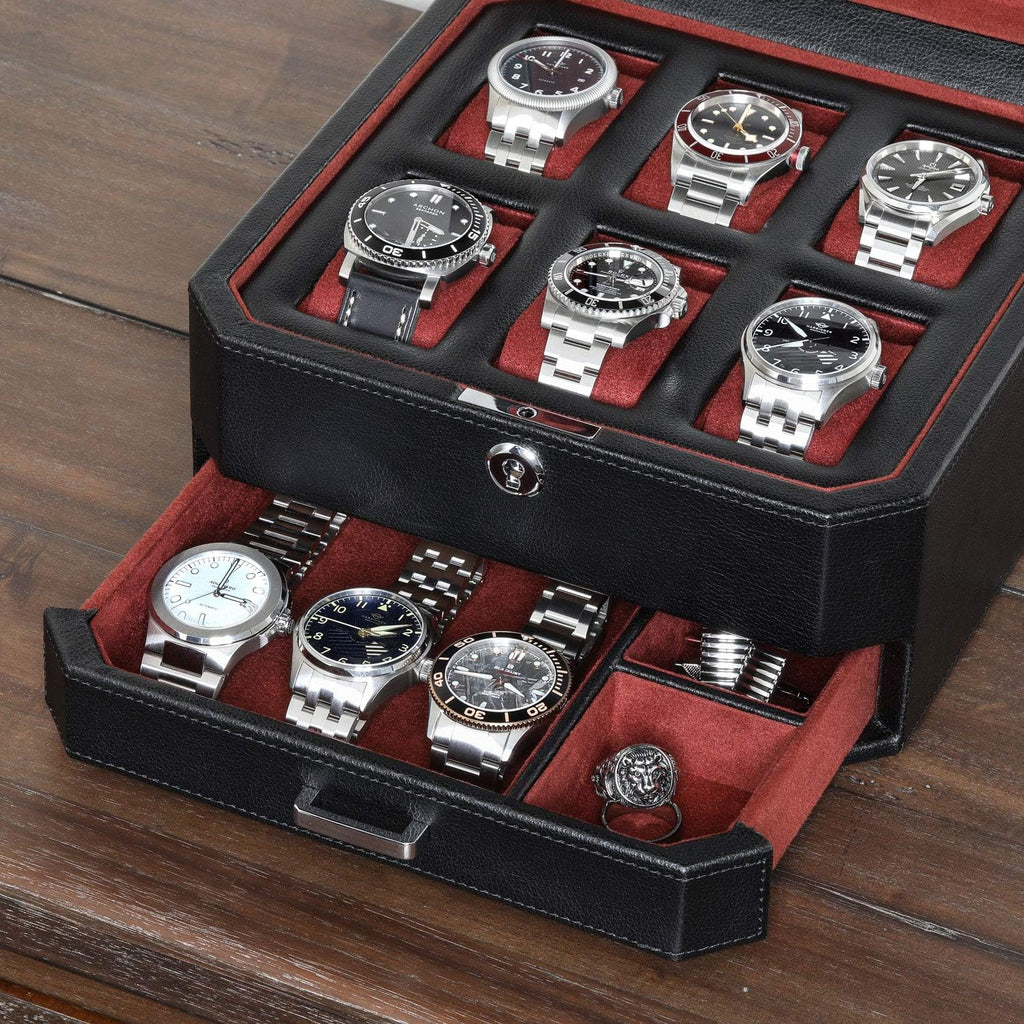 6 Slot Leather Watch Box with Valet Drawer - Luxury Watch Case Display Organizer, Microsuede Liner, Locking Mens Jewelry Watches Holder, Men'S Storage Boxes Holder Large Glass Top (Black/Red)
