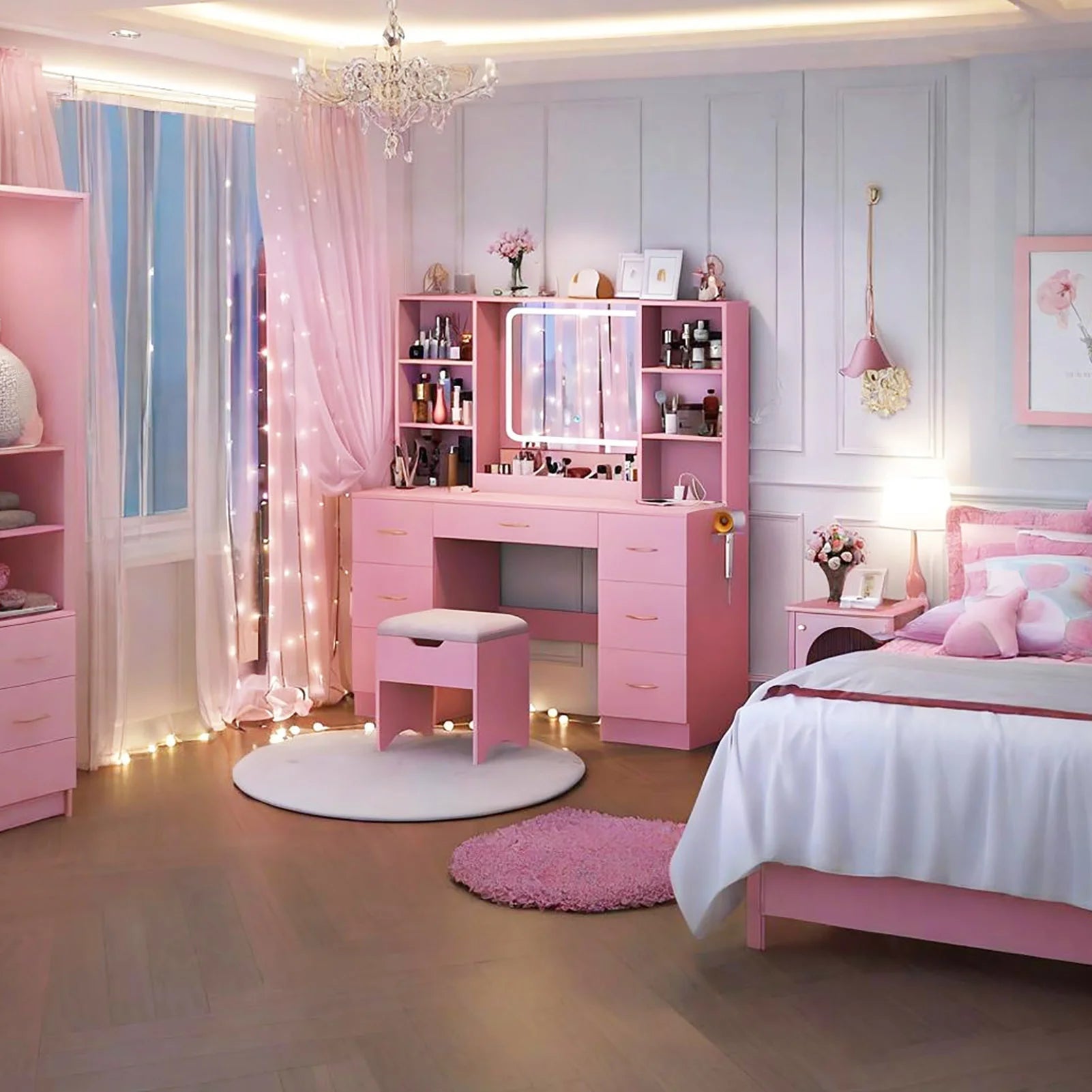 47" Large Vanity Desk with LED Lighted Mirror & Power Outlet & 7 Drawers, Makeup Vanity Table Set with Storage Stool and Hair Dryer Rack, Pink