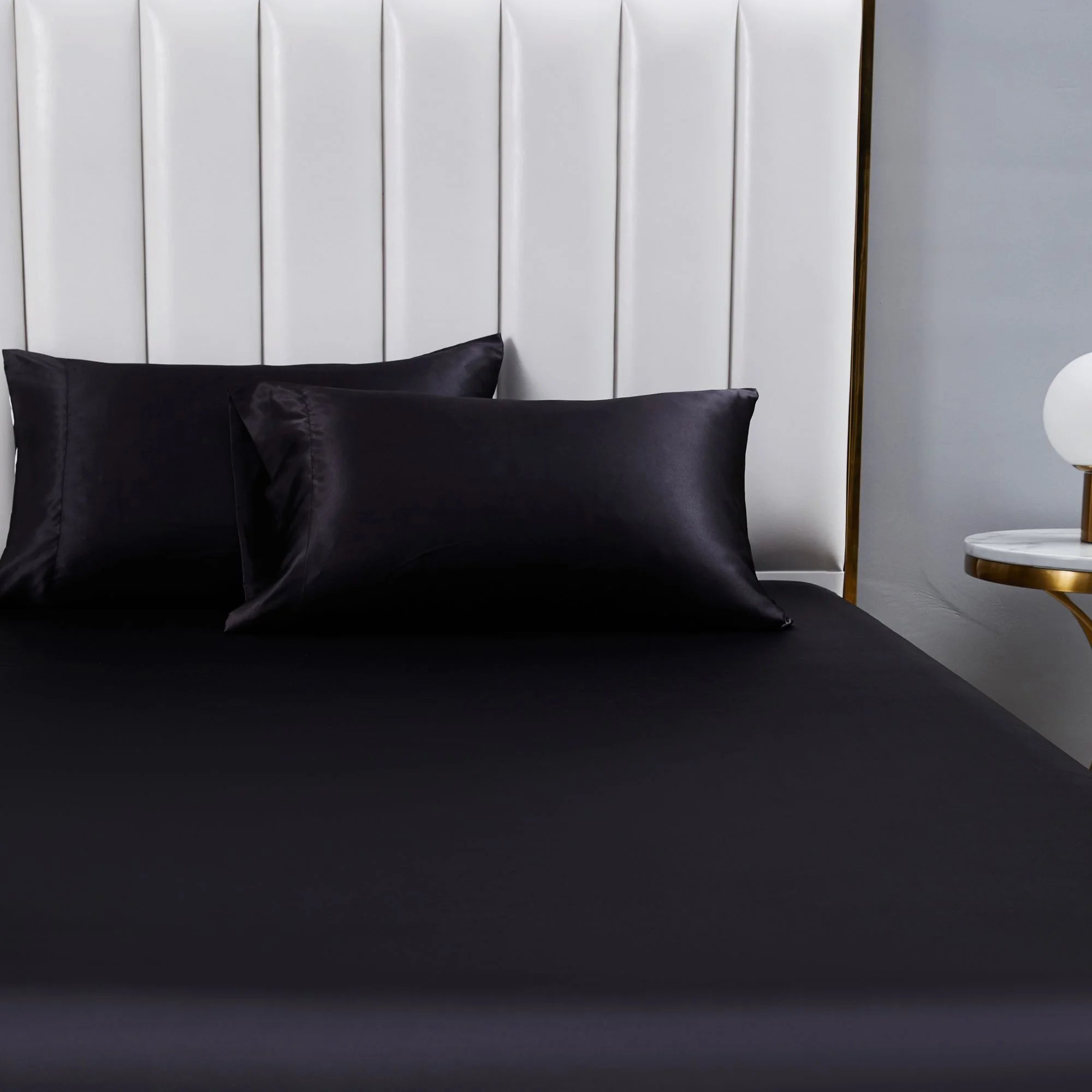 Satin Sheets Twin Silk Sheets Black Bed Sheet Set Deep Pocket Bed Flat Fitted Sheet, 3-Pieces