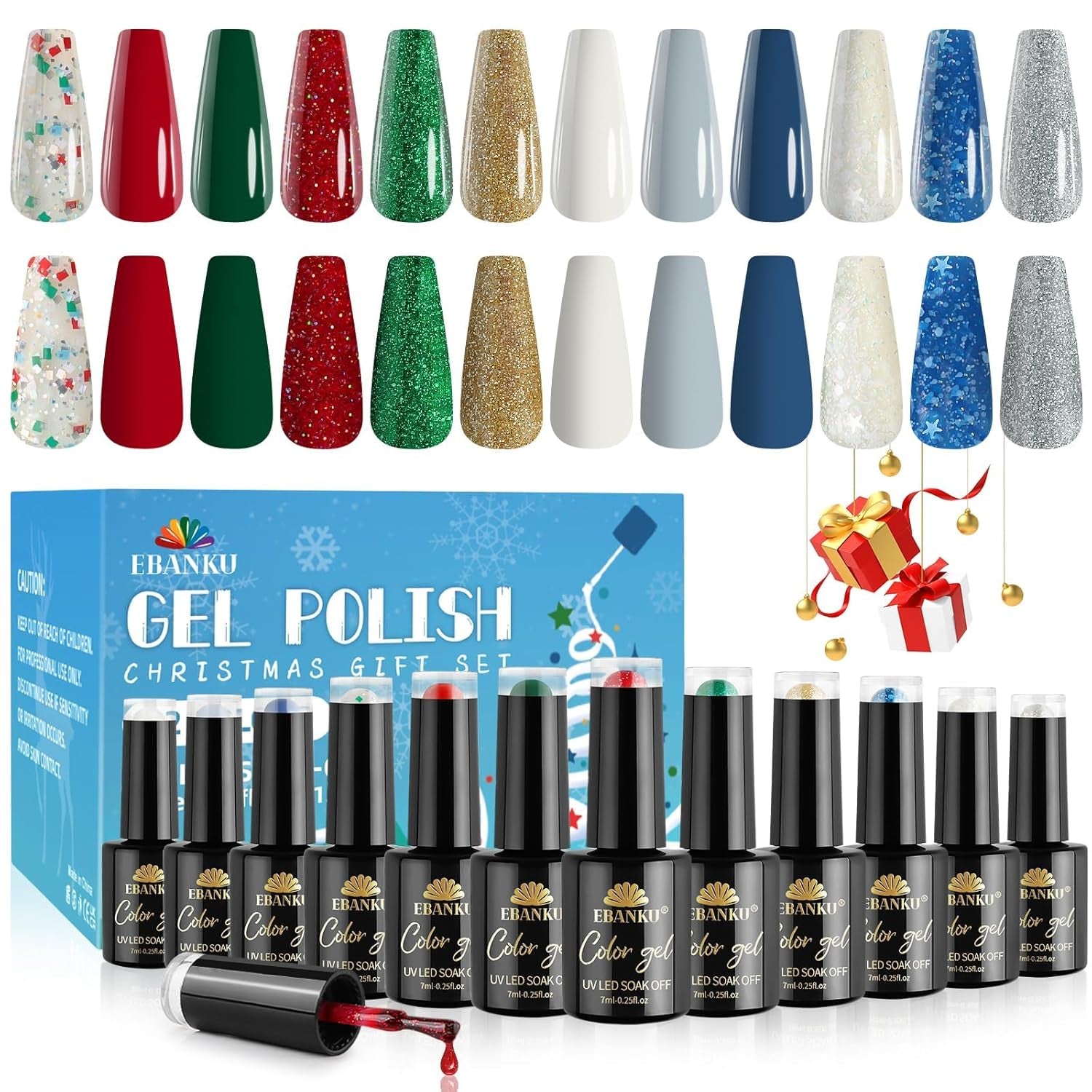 Gel Nail Polish Kit, 12 Colors Gel Polish Kit Red Green Gel Polish Glitter Blue Silver Gel Polish Set Christmas Nail Polish Kit DIY Manicure Set for Holiday Nail Art Decoration