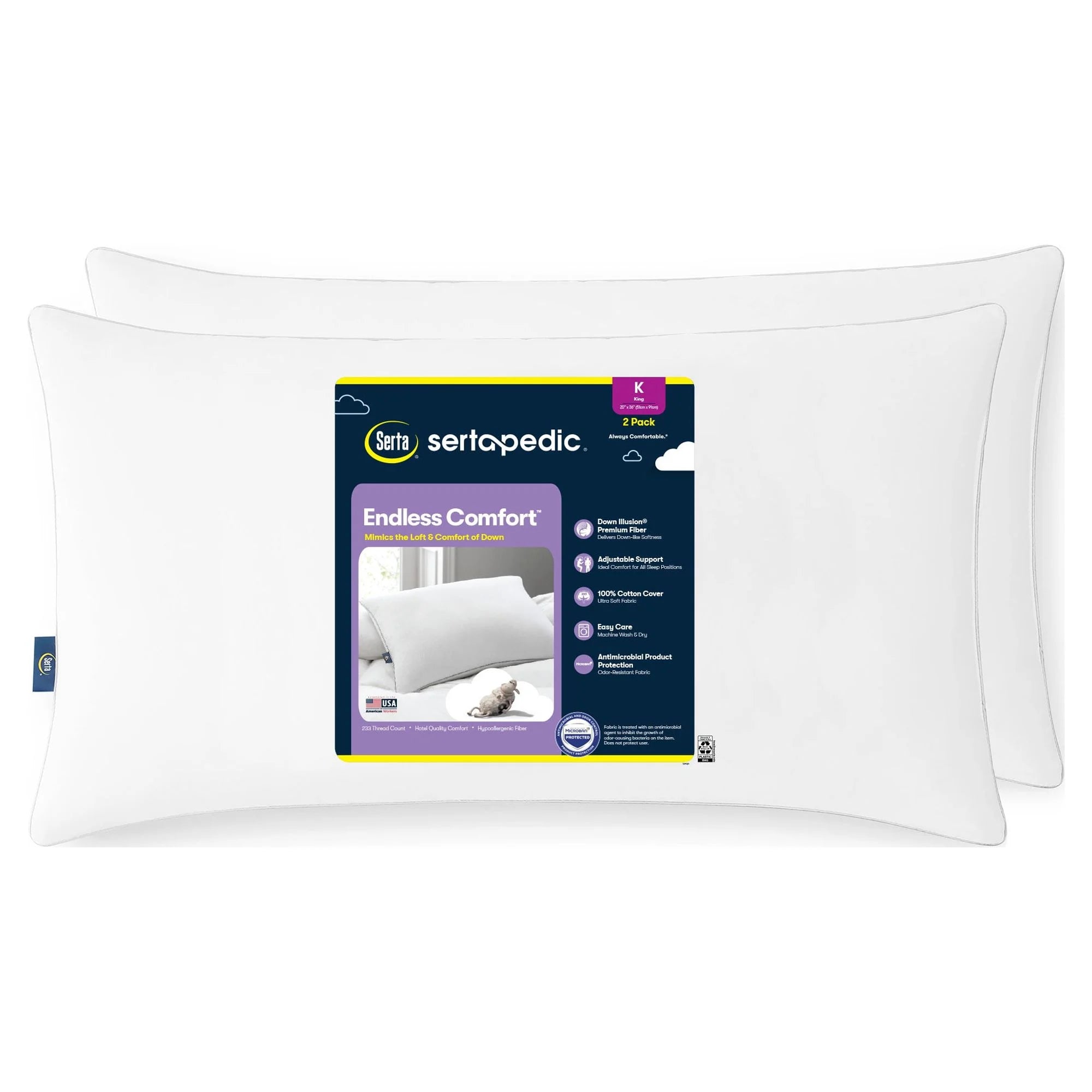 pedic Endless Comfort Bed Pillow, King, 2 Pack