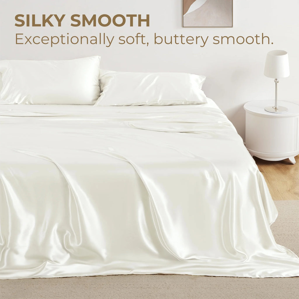 Satin Sheets Ivory Soft Microfiber Silk Bed Set 3Pcs Twin Sheets