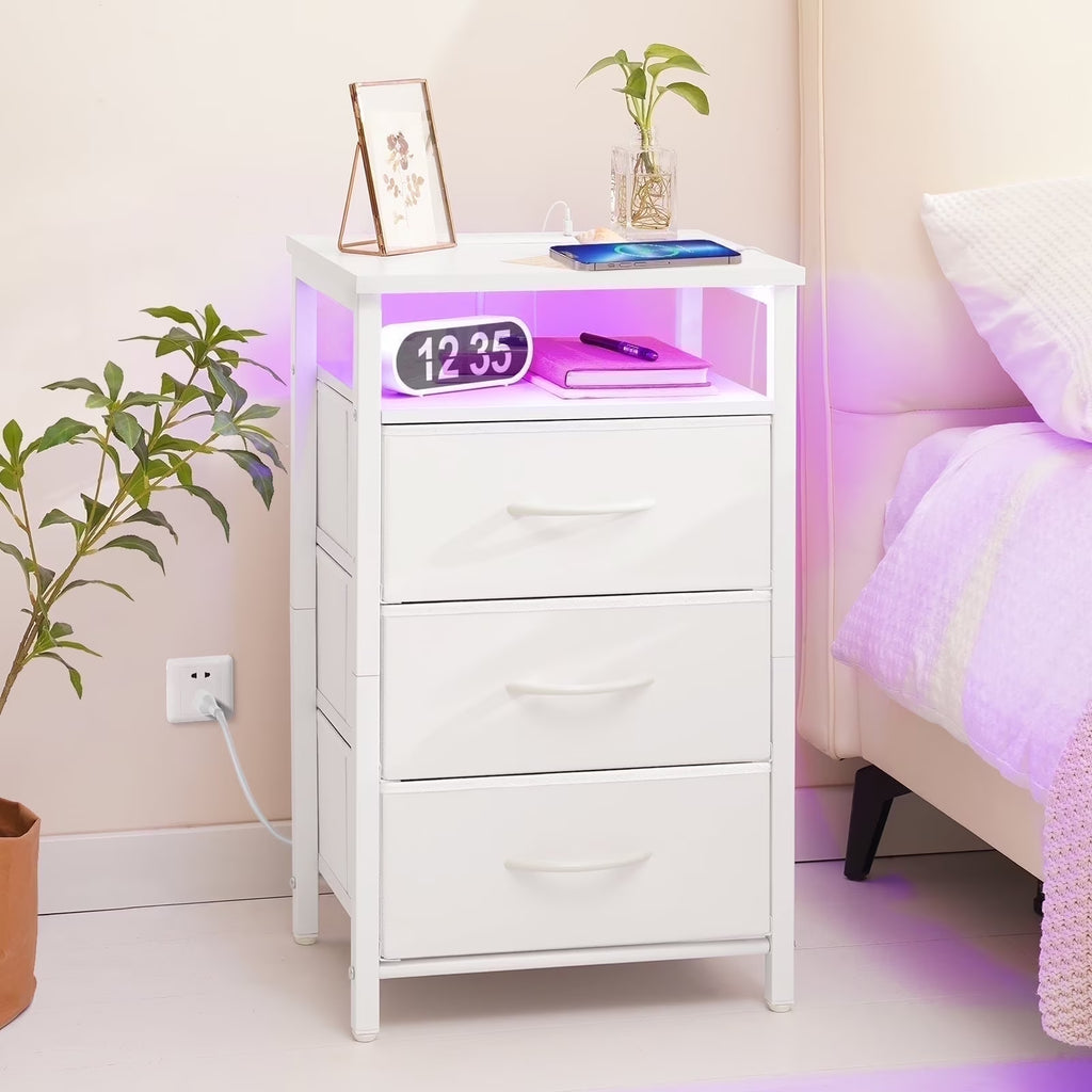 Night Stand with Charging Station, Nightstand with USB Ports & Outlets & LED, End Table with 3 Fabric Drawers and Storage Shelf, Bedside Tables Small Dresser for Small Space White