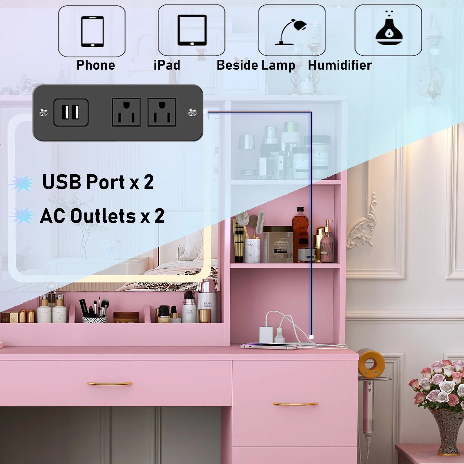 47" Large Vanity Desk with LED Lighted Mirror & Power Outlet & 7 Drawers, Makeup Vanity Table Set with Storage Stool and Hair Dryer Rack, Pink