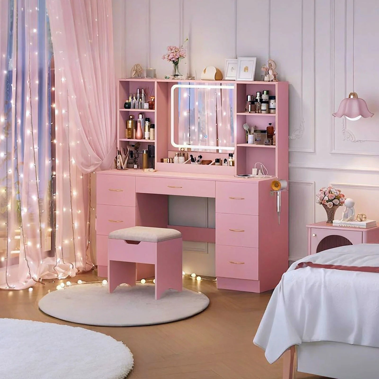 47" Large Vanity Desk with LED Lighted Mirror & Power Outlet & 7 Drawers, Makeup Vanity Table Set with Storage Stool and Hair Dryer Rack, Pink