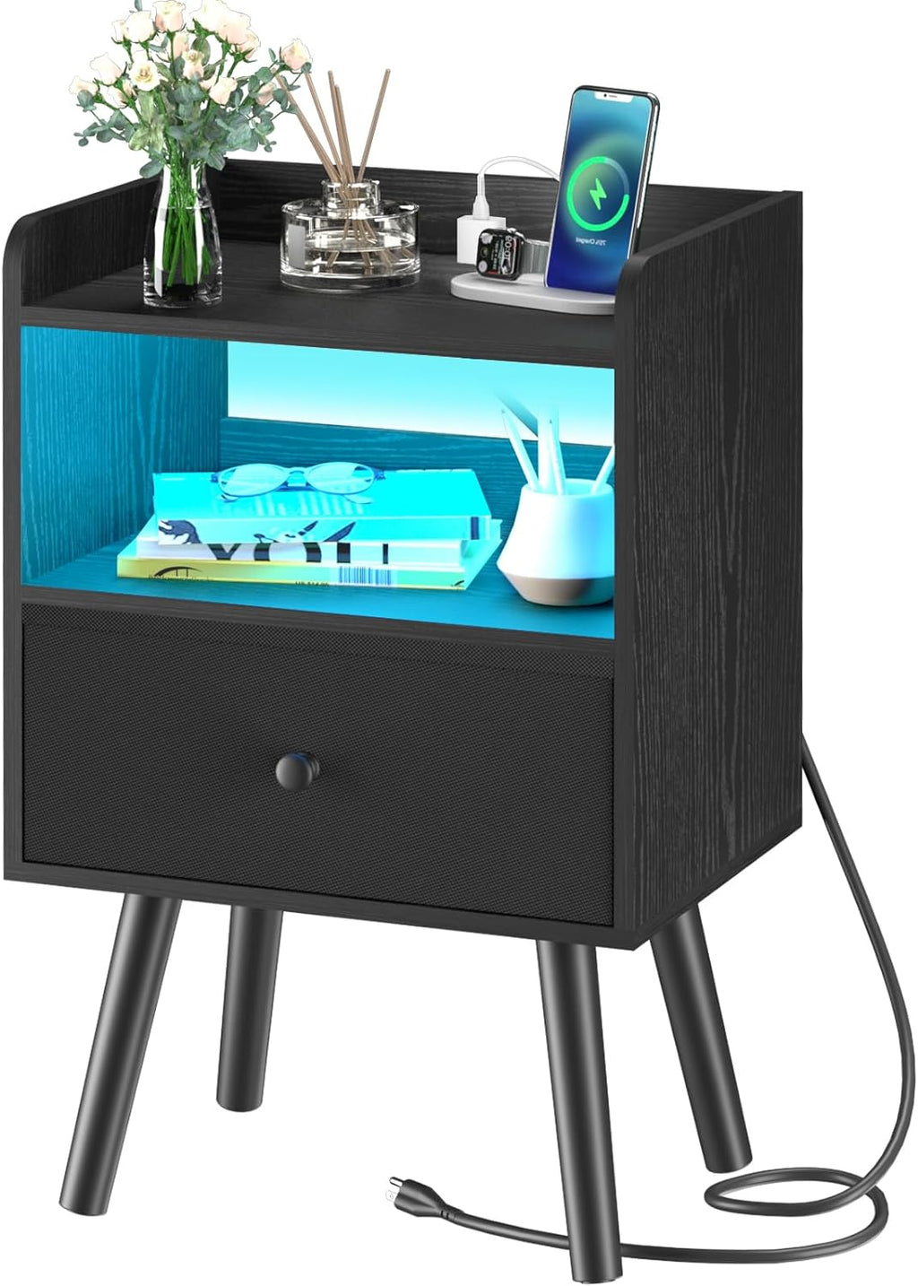 Nightstand with Charging Station, Modern Night Stand with LED Lights, Wood Night