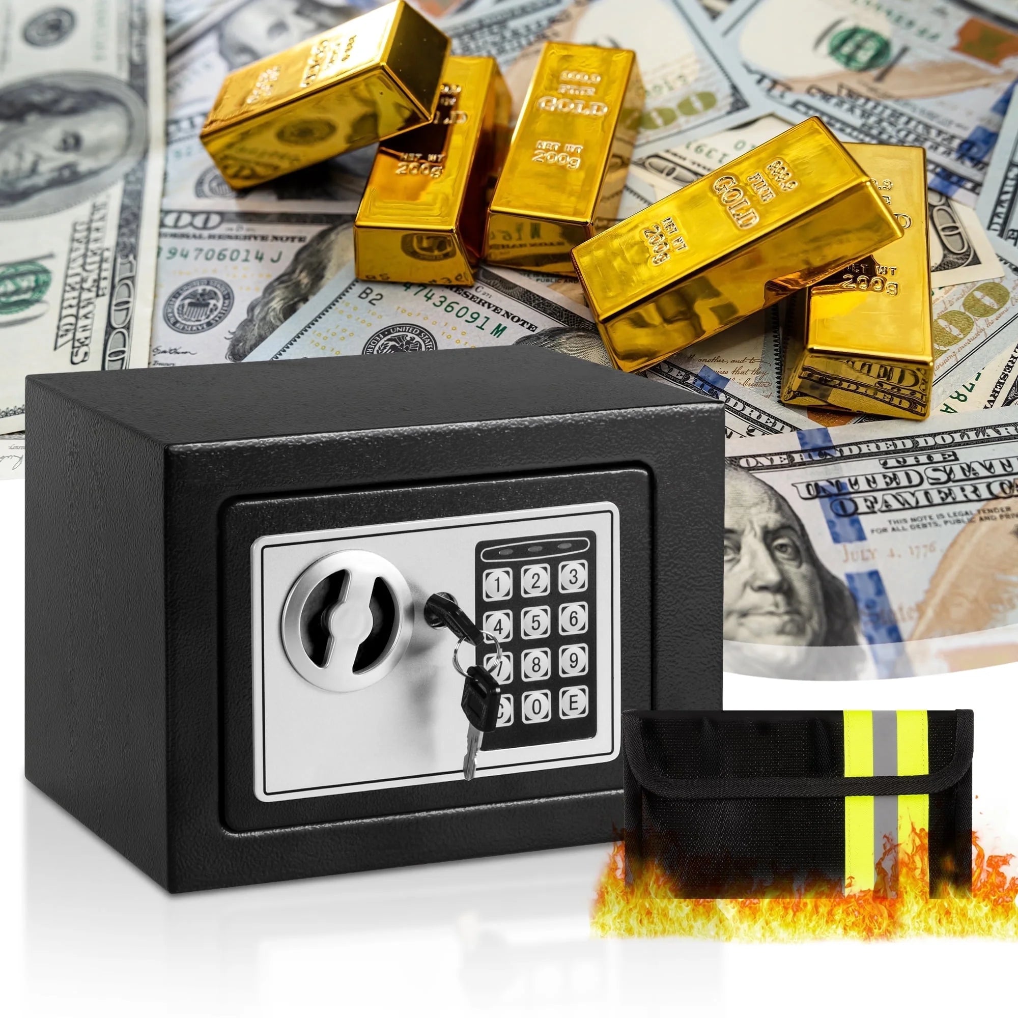 0.25 Cubic Feet Electronic Digital Safe Box, Steel Money Safe Box for Home with Fireproof Money Bag for Cash Safe Hidden