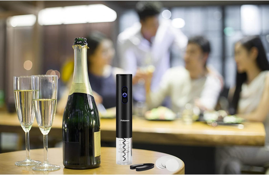 Electric Wine Opener Gift Kit for Wine Lover, Cordless Bottle Opener Automatic Corkscrew for Wine Enthusiast, Set Includes Electric Opener, Foil Cutter, Wine Pourer Disk Spout(Black)