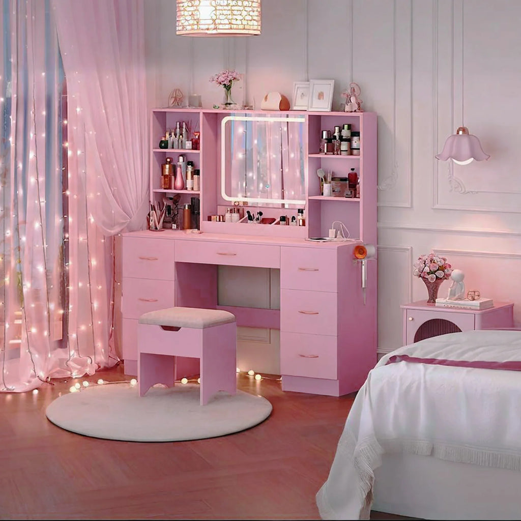 47" Large Vanity Desk with LED Lighted Mirror & Power Outlet & 7 Drawers, Makeup Vanity Table Set with Storage Stool and Hair Dryer Rack, Pink