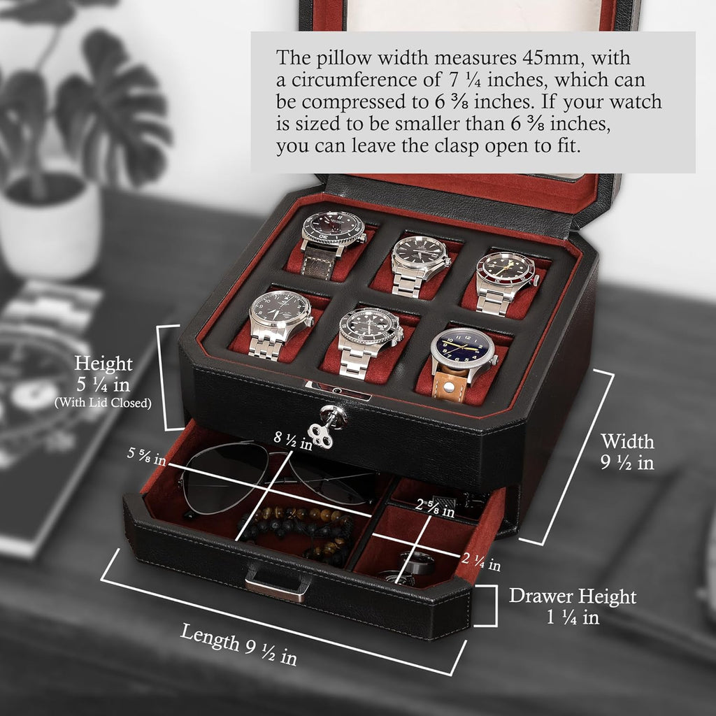 6 Slot Leather Watch Box with Valet Drawer - Luxury Watch Case Display Organizer, Microsuede Liner, Locking Mens Jewelry Watches Holder, Men'S Storage Boxes Holder Large Glass Top (Black/Red)