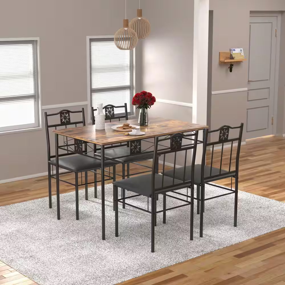 5-Piece Dining Table Set Wooden Kitchen Table 1 Table 4 Chairs Metal Legs, Rectangular Dining Table Sets，42.1"L, Brown
