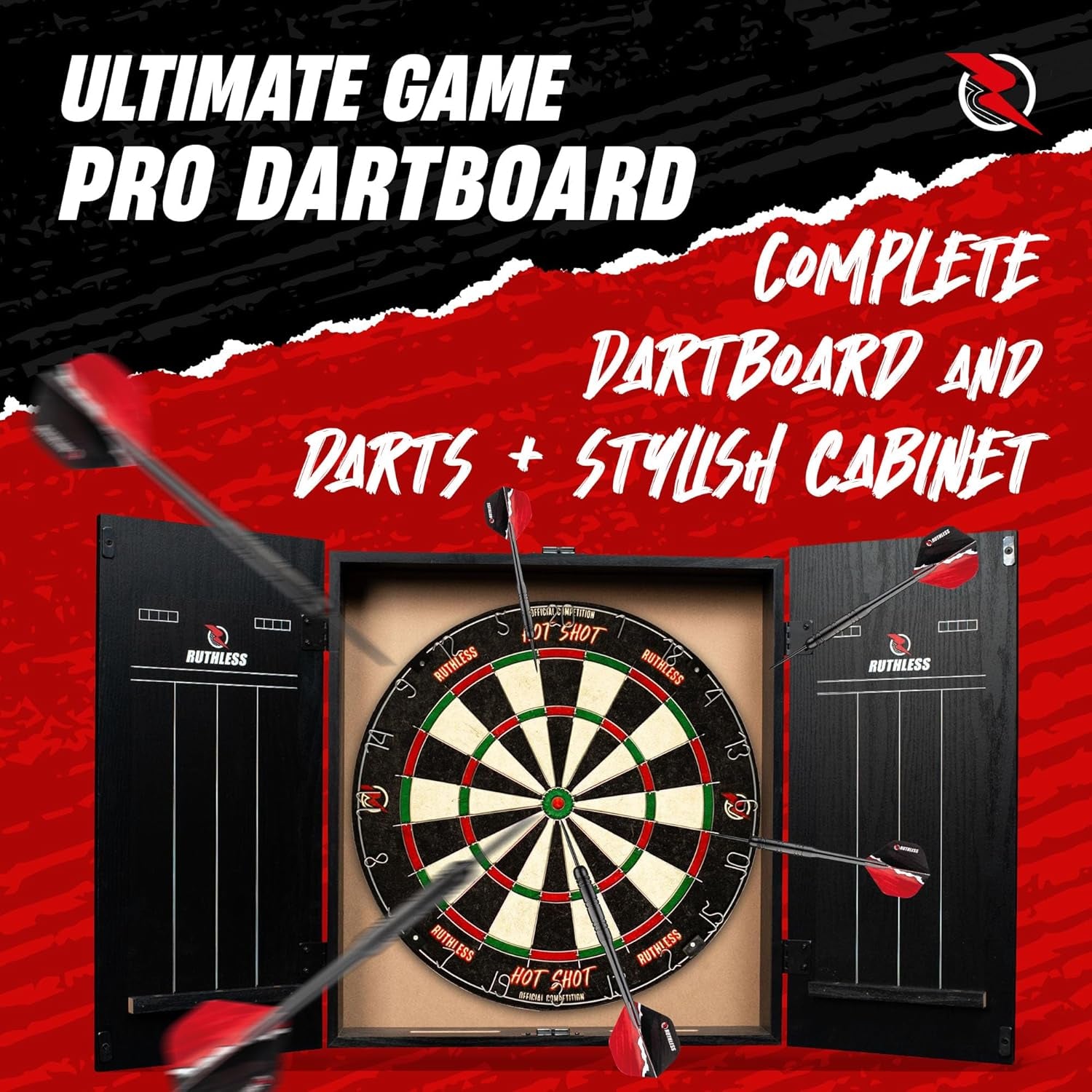 Home Darts Centre with or without LED Light Options | Home Dart Board Centre Including Cabinet, Dartboard and 2 Sets of Darts.