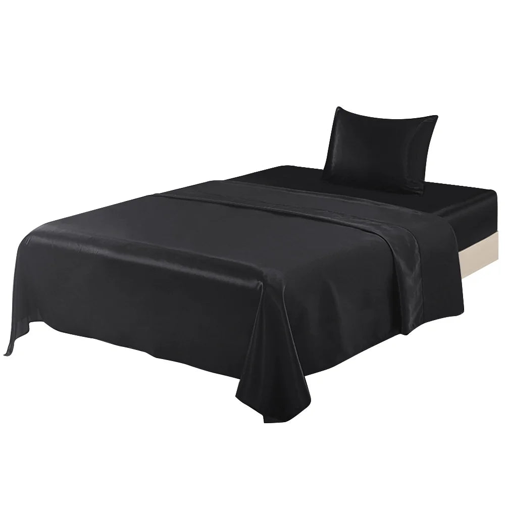 Satin Sheets Twin Silk Sheets Black Bed Sheet Set Deep Pocket Bed Flat Fitted Sheet, 3-Pieces
