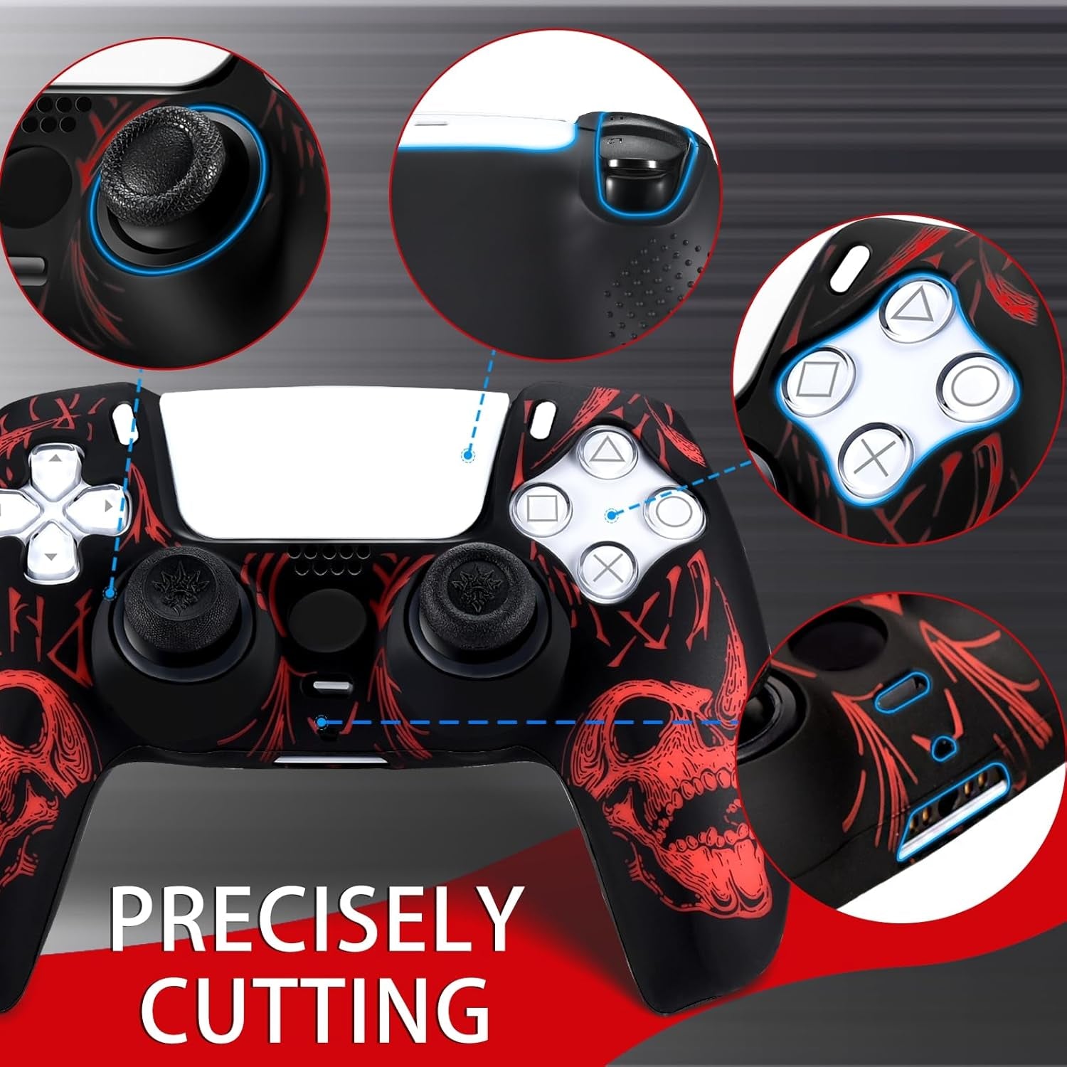Laser Carving Silicone Skin for PS5 Controller X 1(Skulls Red) with Exclusive Thumb Grips X 8