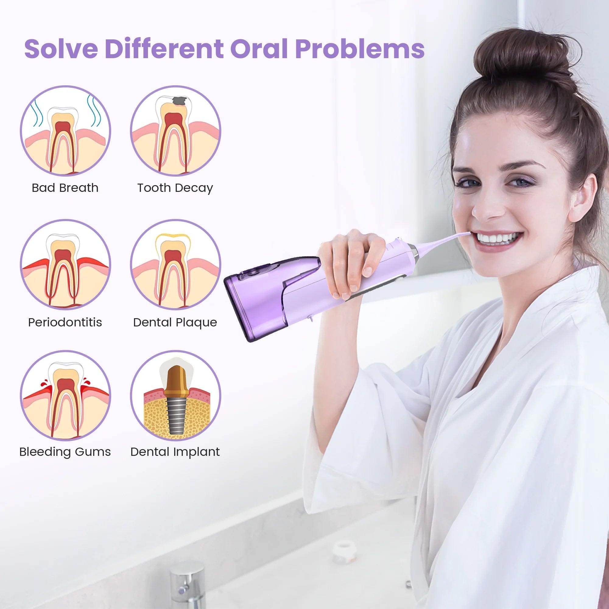 Cordless Water Flosser Dental Teeth Cleaner, Professional 270ML Tank USB Rechargeable Dental Oral Irrigator for Home and Travel, 5 Modes 5 Jet Tips, IPX7 Waterproof, Easy-To-Clean,Purple