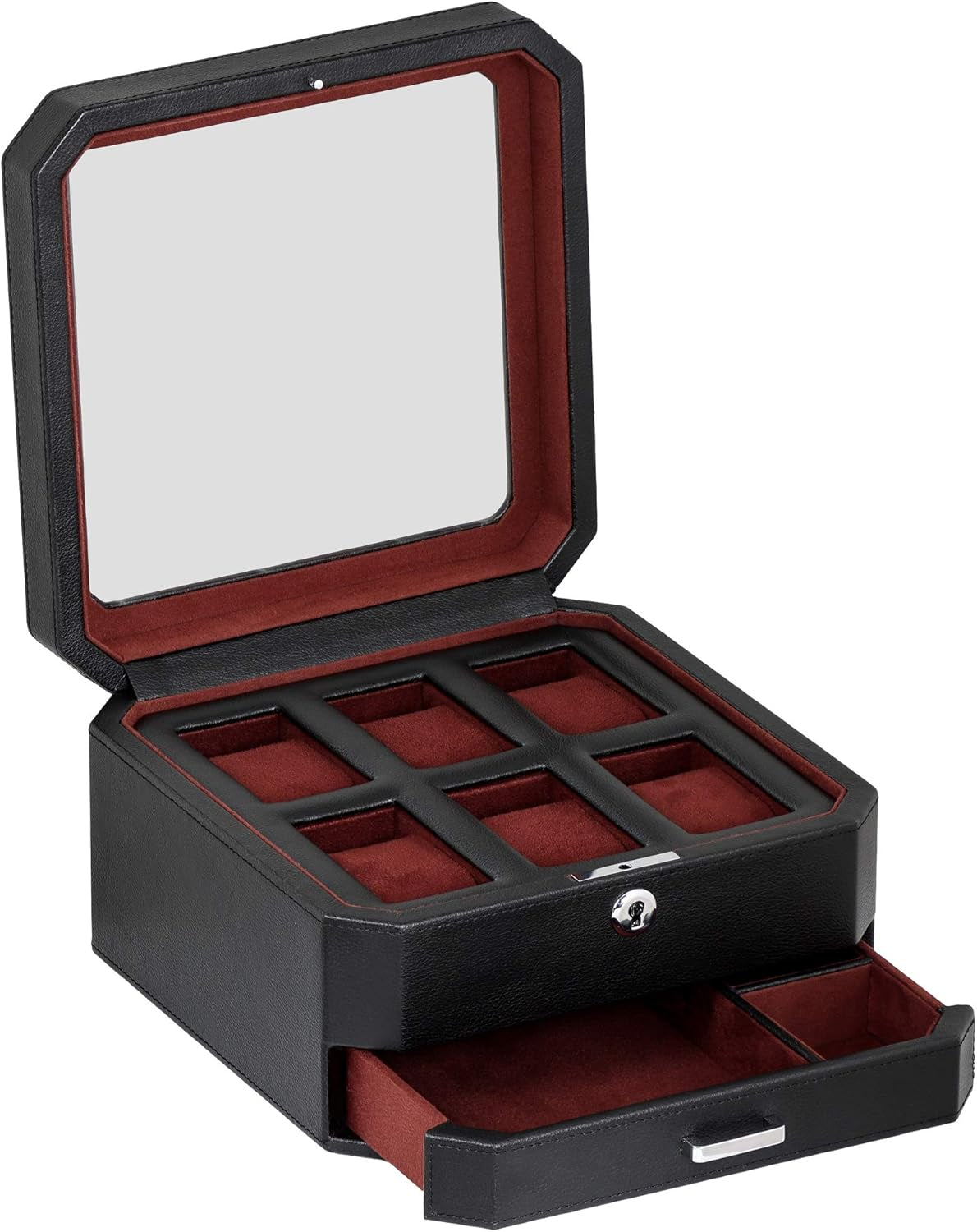 6 Slot Leather Watch Box with Valet Drawer - Luxury Watch Case Display Organizer, Microsuede Liner, Locking Mens Jewelry Watches Holder, Men'S Storage Boxes Holder Large Glass Top (Black/Red)