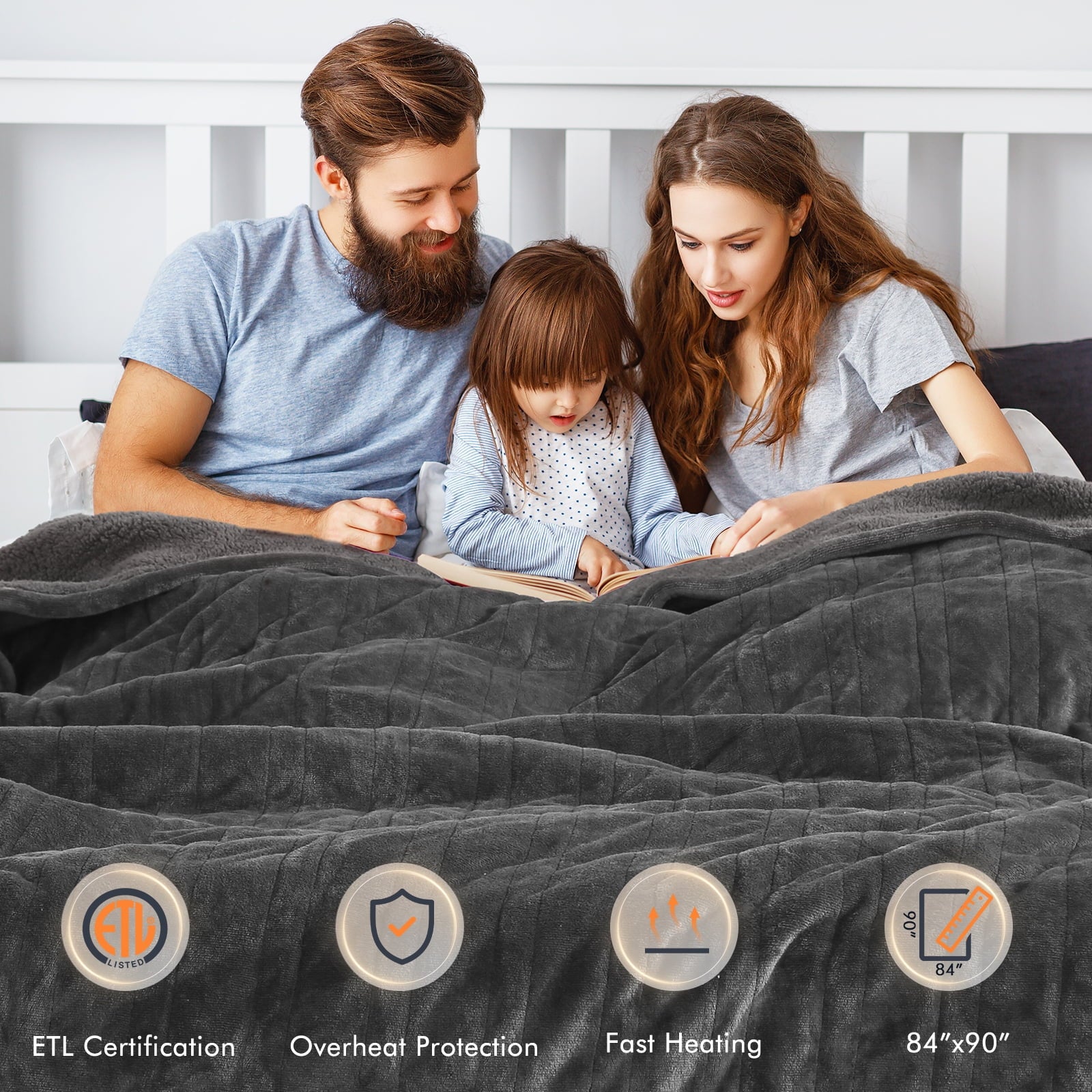 Electric Heated Blanket Queen Size 84''X90'', Fast Heating with Dual Controllers, 10 Heating Levels, 10H Timers, Preheat Function - Gray